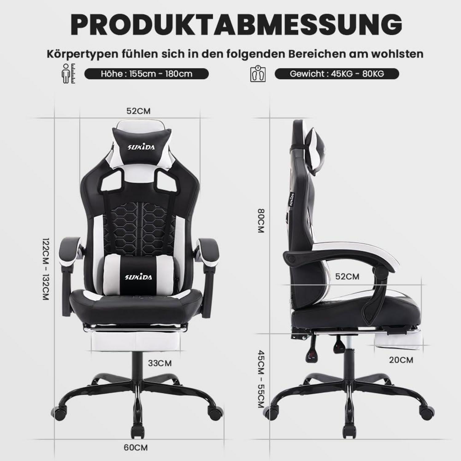 SUKIDA Gaming Stuhl Racing Chair mit Fußstütze Schwarz