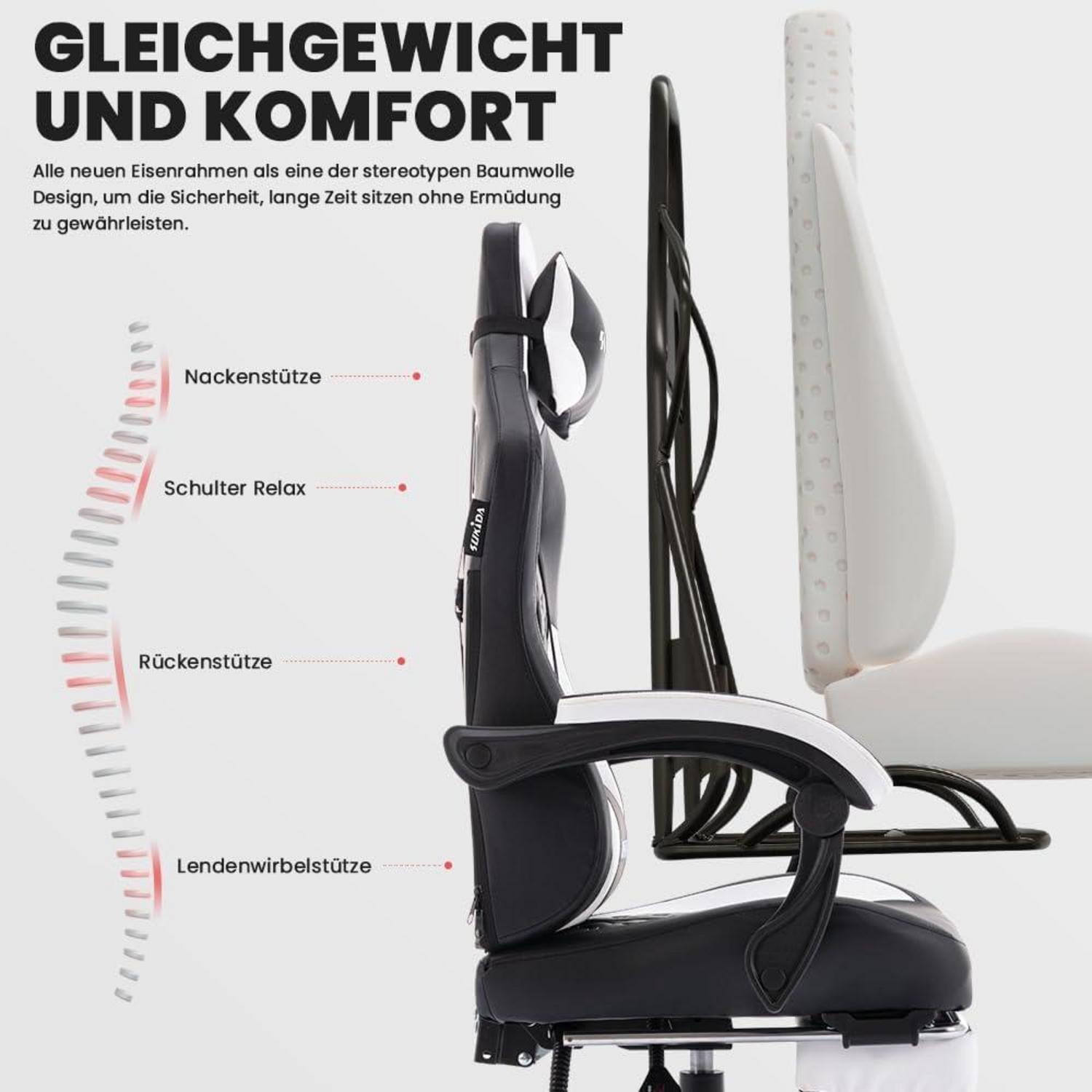SUKIDA Gaming Stuhl mit Fußstütze, Höhenverstellbar, Schwarz