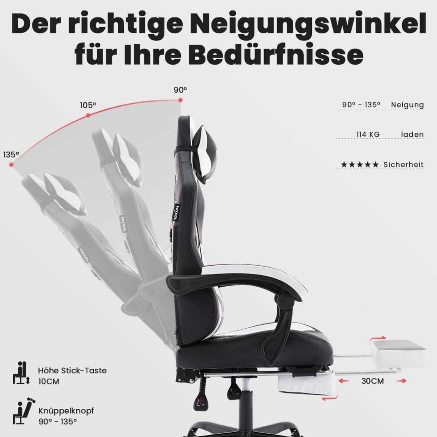 Ergonomischer Gaming-Stuhl mit Fußstütze & Kopfstütze - Schwarz