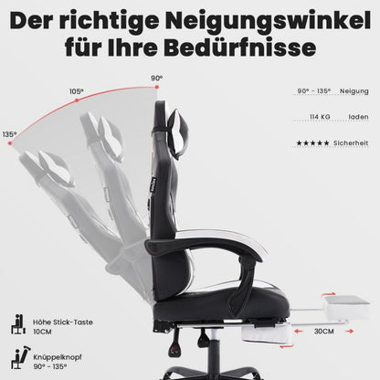 Ergonomischer Gaming-Stuhl mit Fußstütze & Kopfstütze - Schwarz