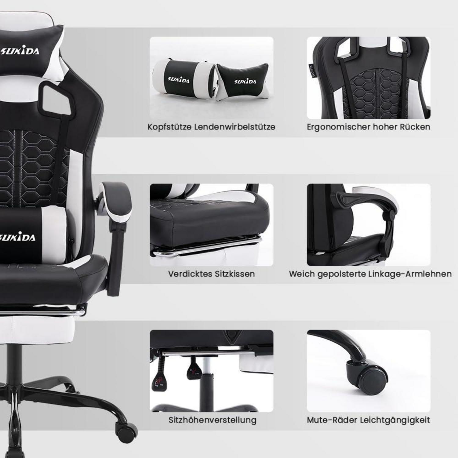 Ergonomischer Gaming-Stuhl mit Fußstütze und Lendenwirbelstütze