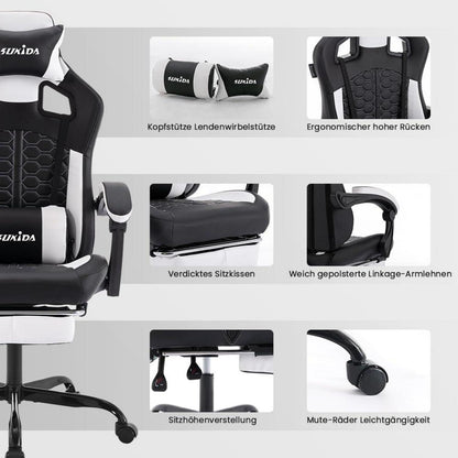 Ergonomischer Gaming-Stuhl mit Fußstütze und Lendenwirbelstütze
