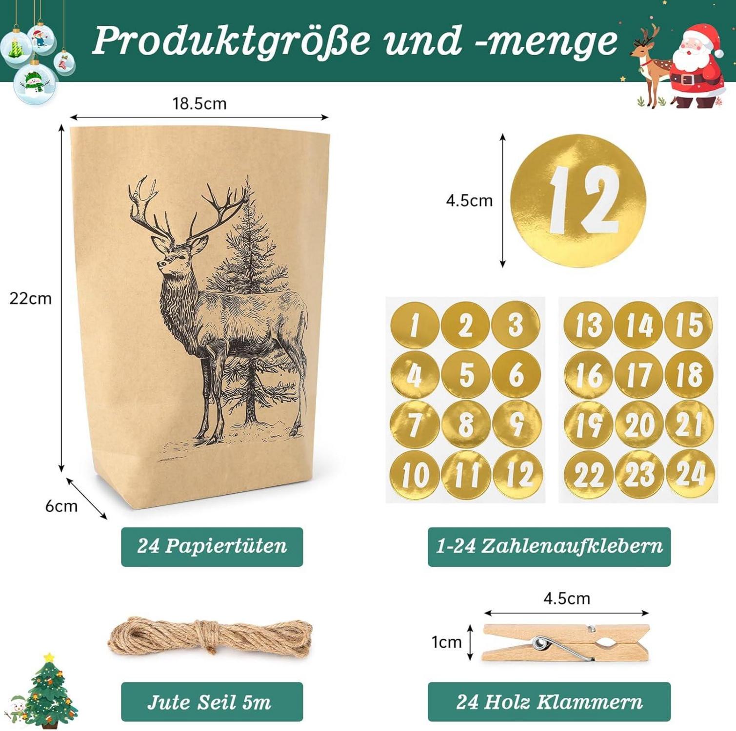 2024 Adventskalender Bastelpapier Weihnachtsmuster Tüten mit