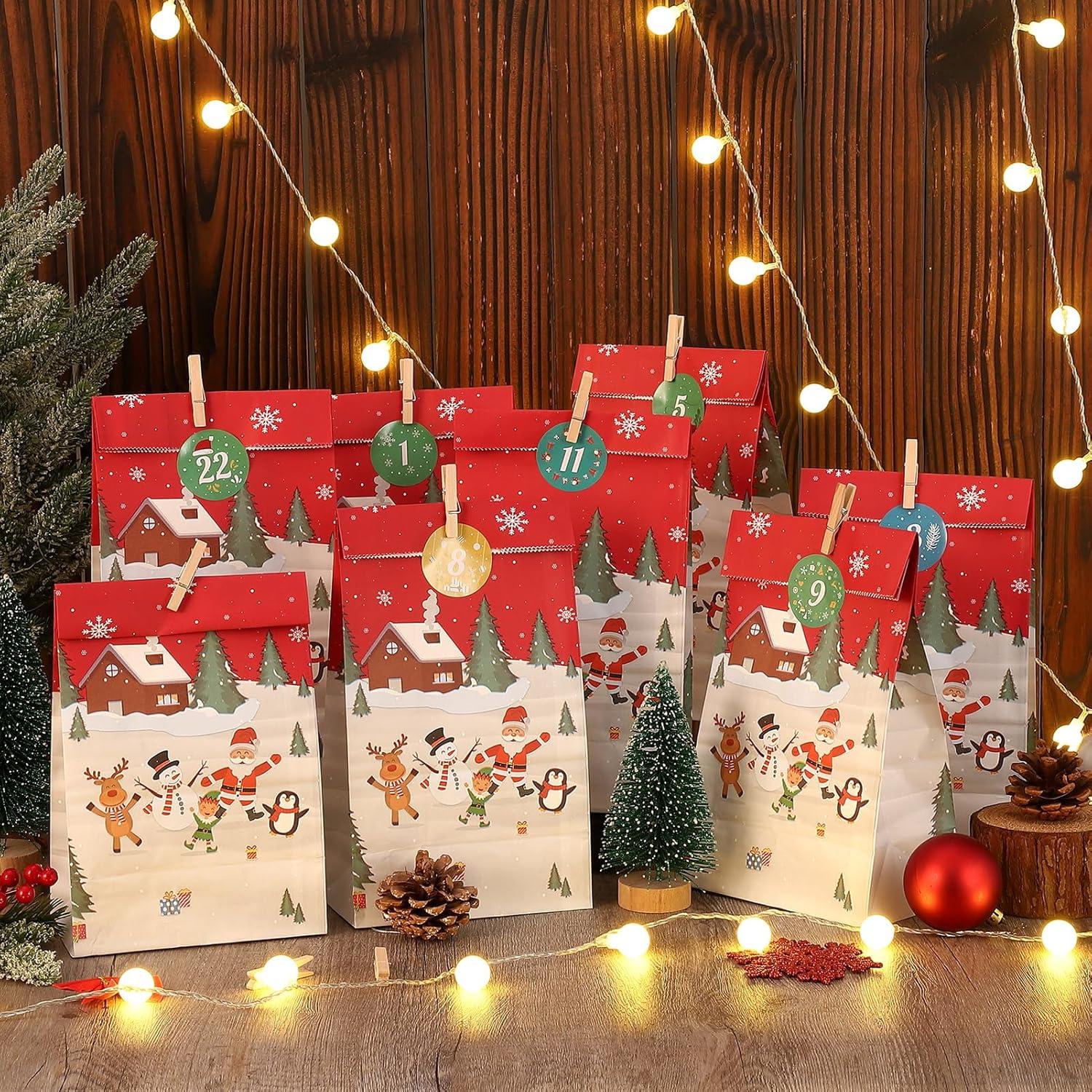 2024 Adventskalender Befüllen Tüten Aufkleber Holzklemme Weihnachten Rot