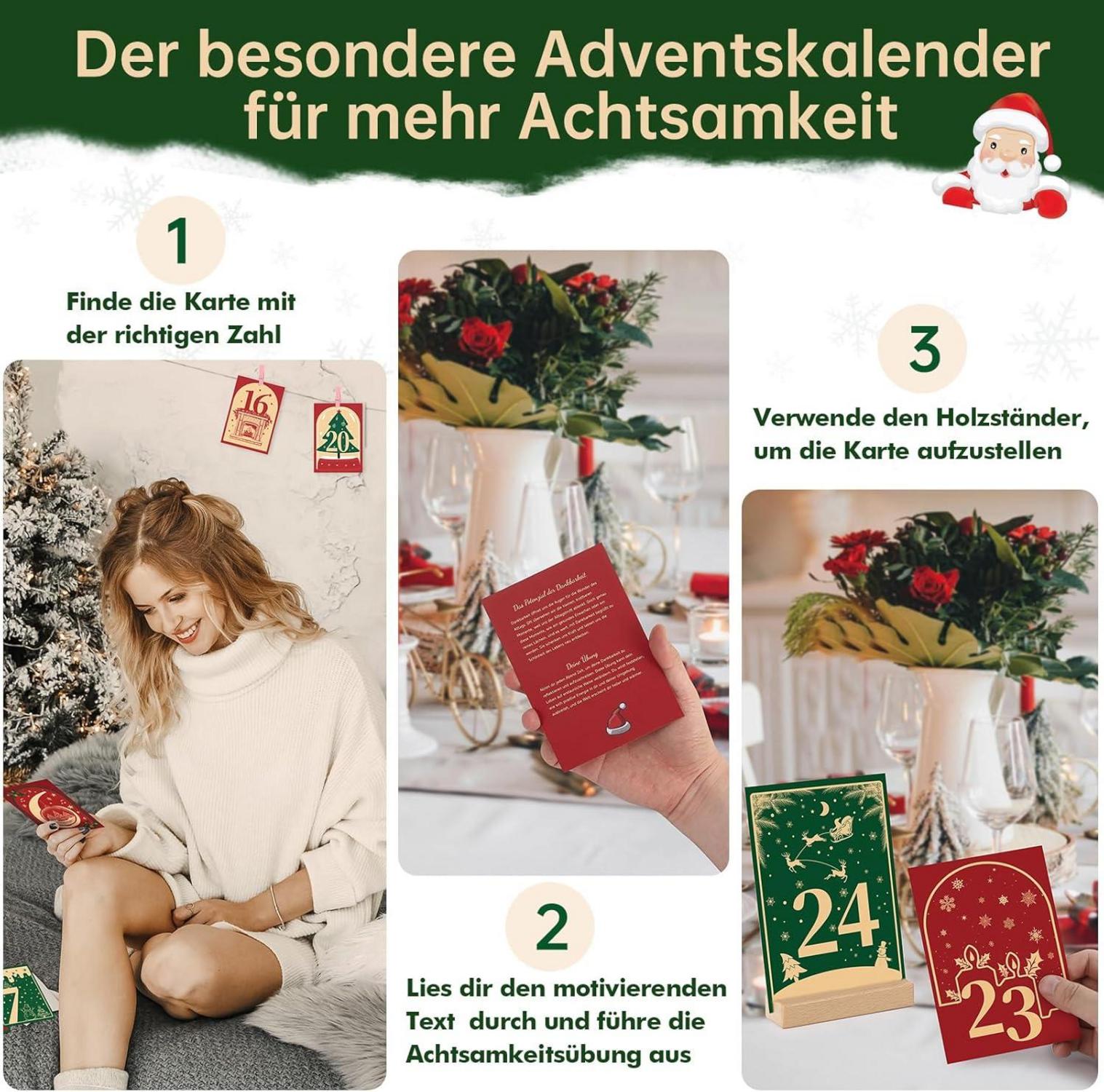 Adventskalender 2024 24 Achtsamkeitskarten Holzständer Geschenkbox