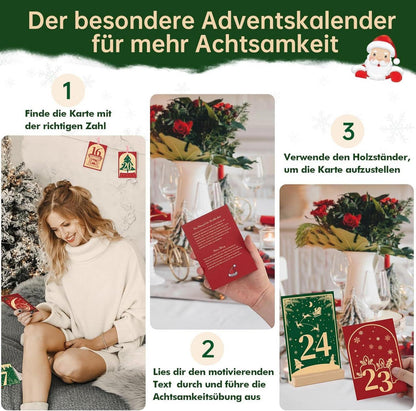 Adventskalender 2024 24 Achtsamkeitskarten Holzständer Geschenkbox