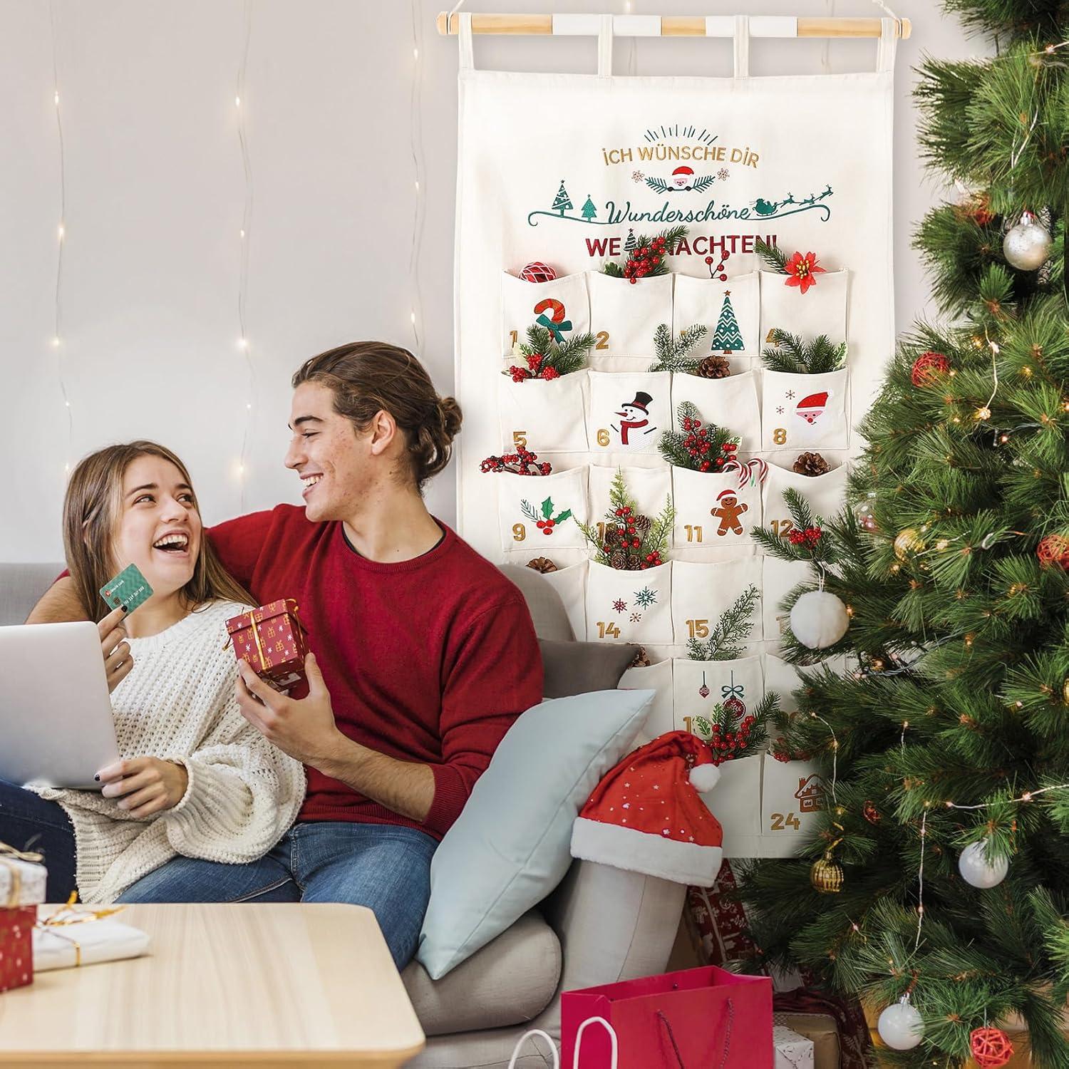 2024 Adventskalender Stoff Weihnachtsdeko Aufhängen 70x130cm Beige