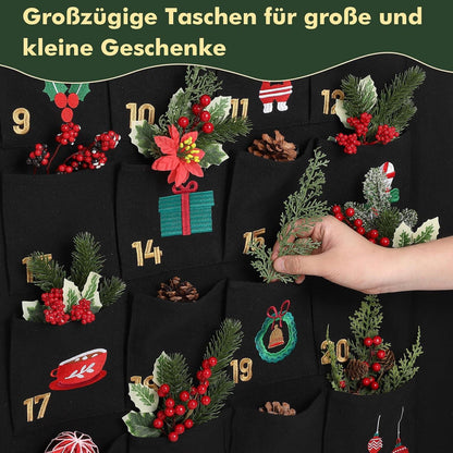Adventskalender 2024 zum Befüllen 70x130cm Stoff Schwarz Weihnachtsdeko