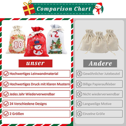 Adventskalender zum Befüllen Stoffbeutel Weihnachtskalender Set