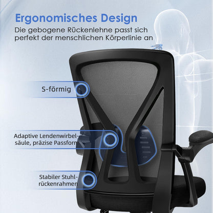 Ergonomischer Bürostuhl mit klappbaren Armlehnen, höhenverstellbar, 150 kg, Schwarz