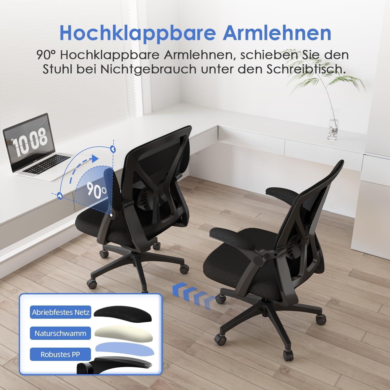 Ergonomischer Bürostuhl mit klappbaren Armlehnen, höhenverstellbar, 150 kg, Schwarz