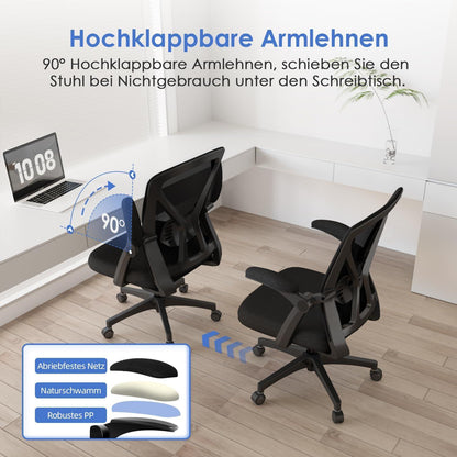 Ergonomischer Bürostuhl mit klappbaren Armlehnen, höhenverstellbar, 150 kg, Schwarz