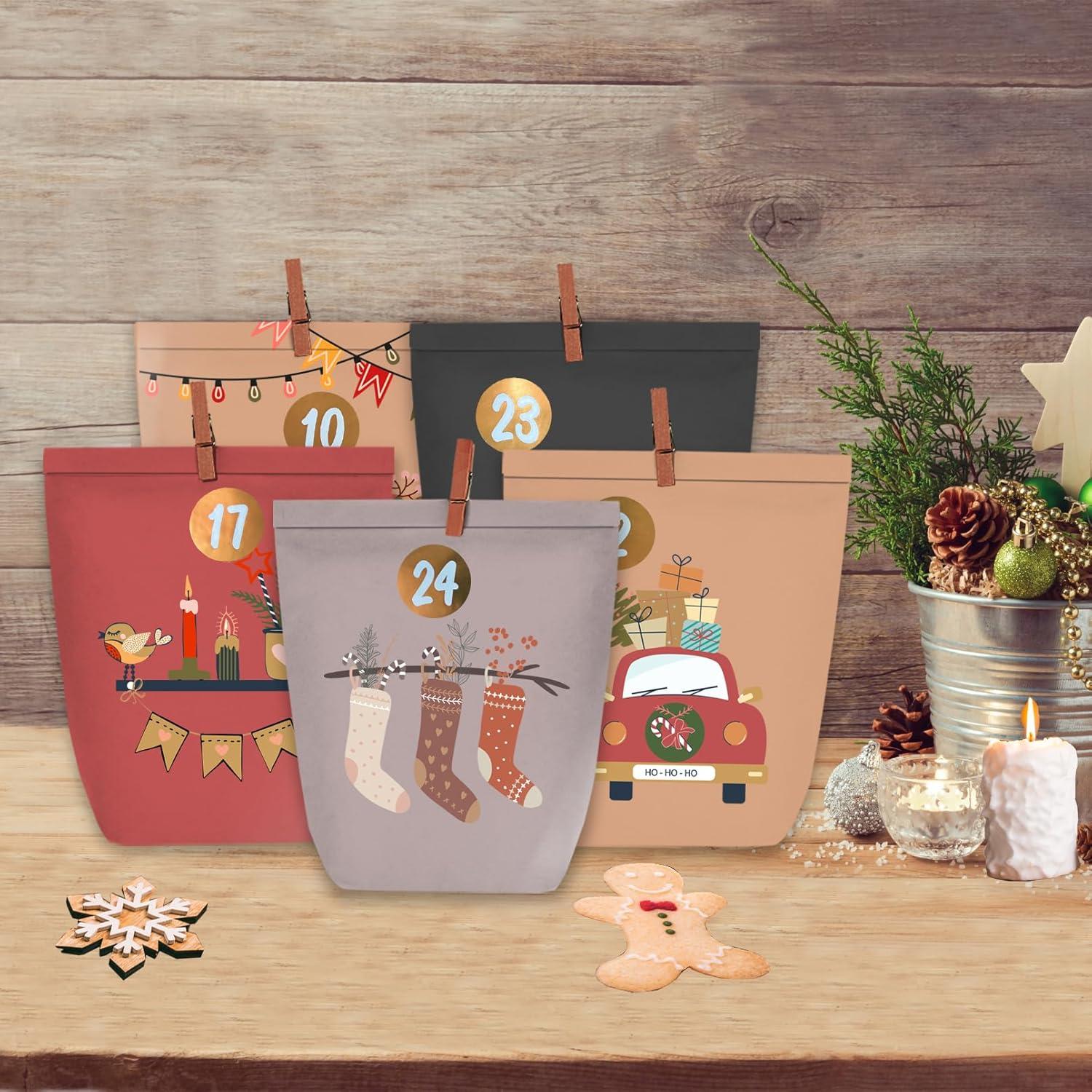 Adventskalender zum Befüllen 24er Set Papiertüten mit Aufklebern