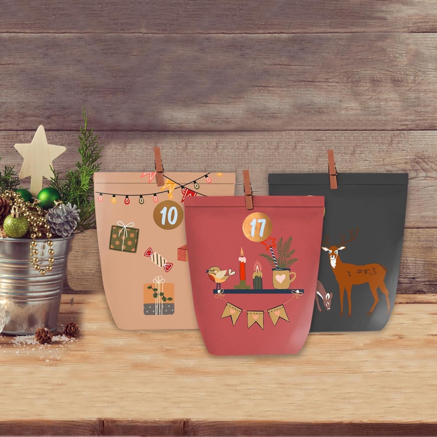 Weihnachtskalender DIY Adventstüten 24 Papiertüten 24 Aufkleber