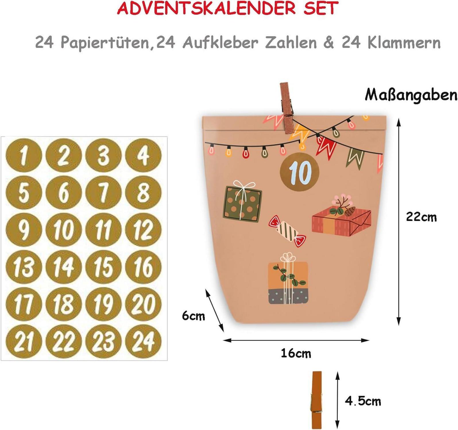 Weihnachtskalender DIY Adventstüten 24 Papiertüten 24 Aufkleber