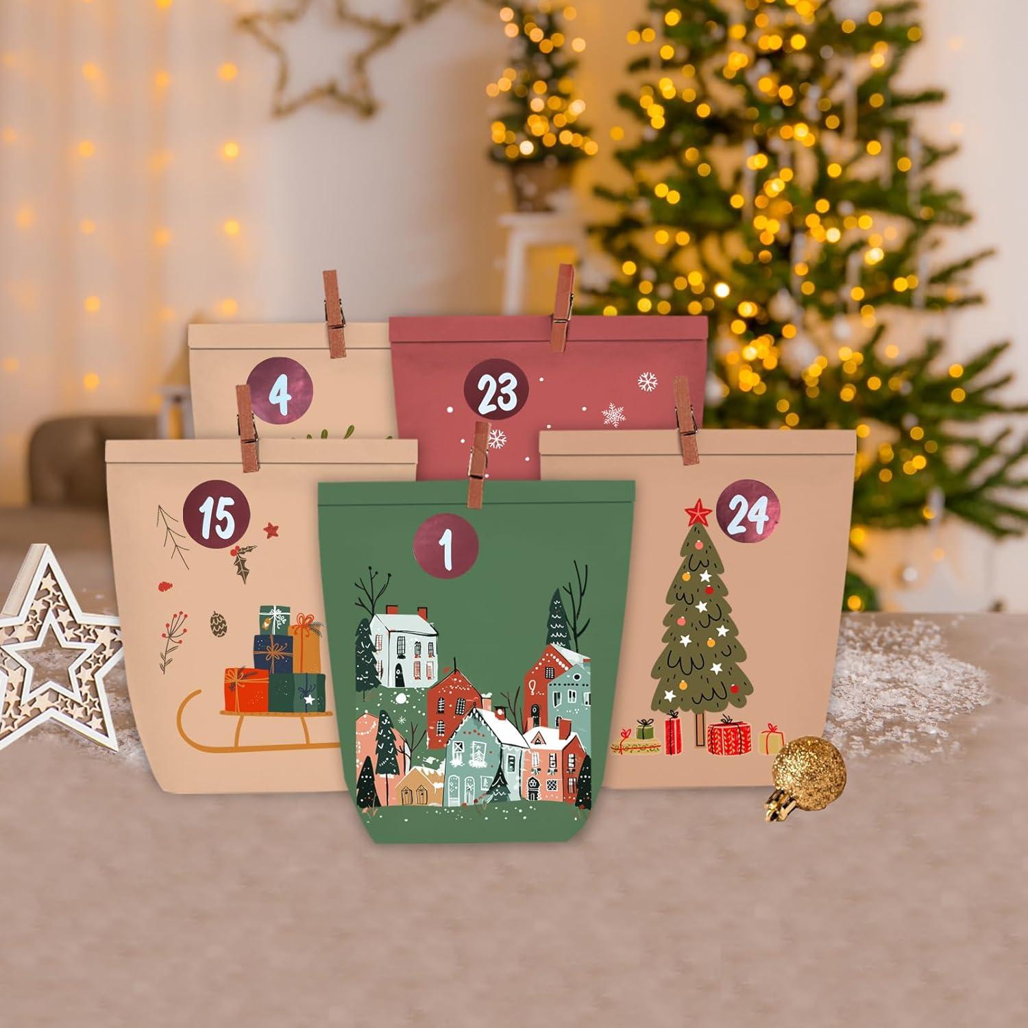 Adventskalender zum Befüllen mit 24 Weihnachtstüten Kraftpapier & Zahlensticker