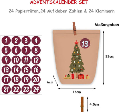 Adventskalender zum Befüllen Weihnachtskalender Kraftpapiertüten Zahlensticker