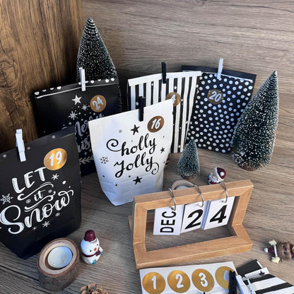 Adventskalender zum Befüllen - Schwarz-Weiß Motiv-Papier Tüten - Weihnachtsdekoration