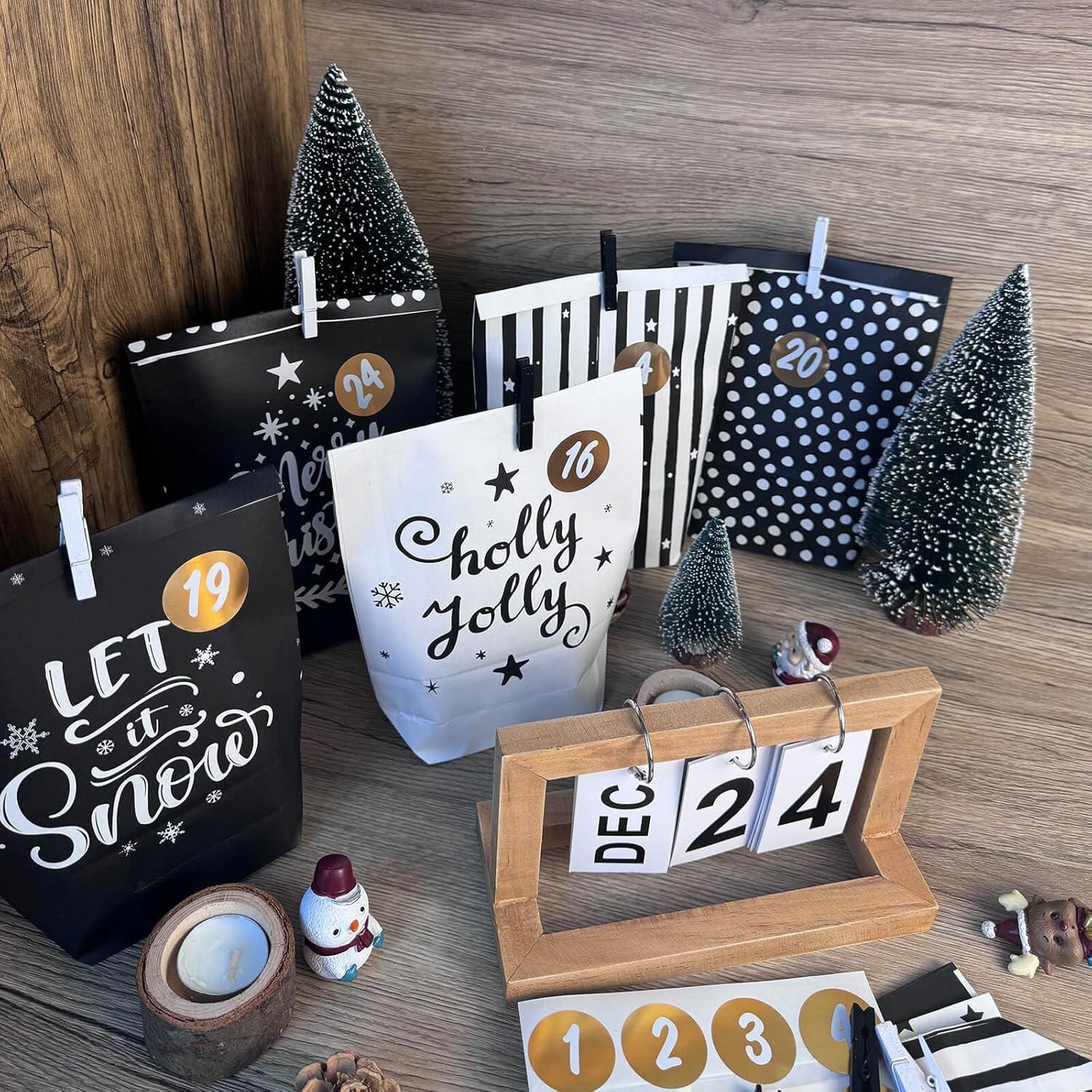 Adventskalender zum Befüllen - Schwarz-Weiß Motiv-Papier Tüten - Weihnachtsdekoration
