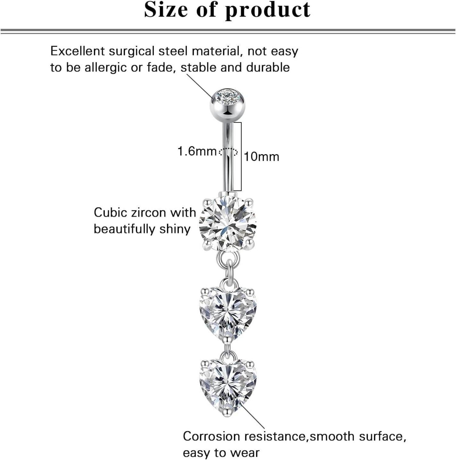 Herz Bauchnabelpiercing Set Edelstahl CZ 14G 10mm Silber