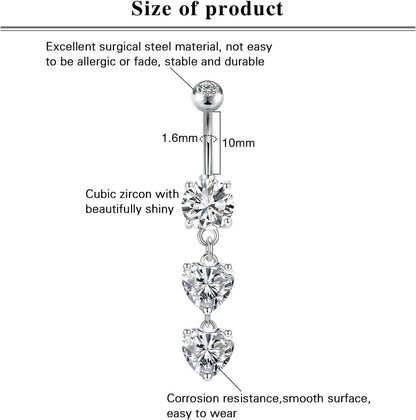 Herz Bauchnabelpiercing Set Edelstahl CZ 14G 10mm Silber