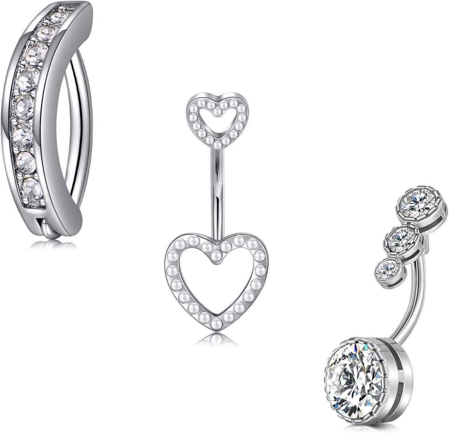 3stk Bauchnabelpiercing Herz Edelstahl CZ 14G 10mm Silber Gold