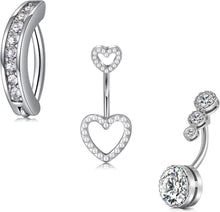 3stk Bauchnabelpiercing Herz Edelstahl CZ 14G 10mm Silber Gold