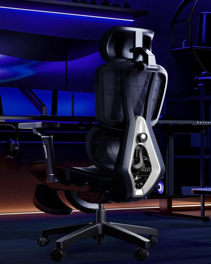 Ergonomischer Bürostuhl mit 6D-Lendenwirbelstütze und Fußstütze, silberfarben