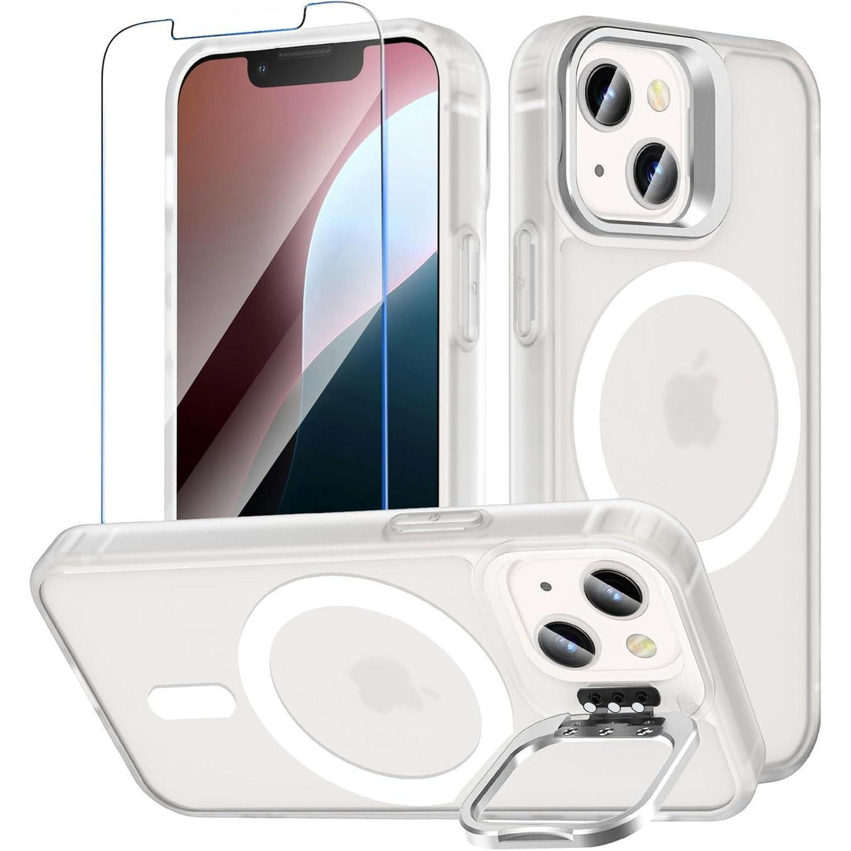iPhone 13/12 Mini Hülle mit Ständer, MagSafe, Panzerglas, matt durchscheinend