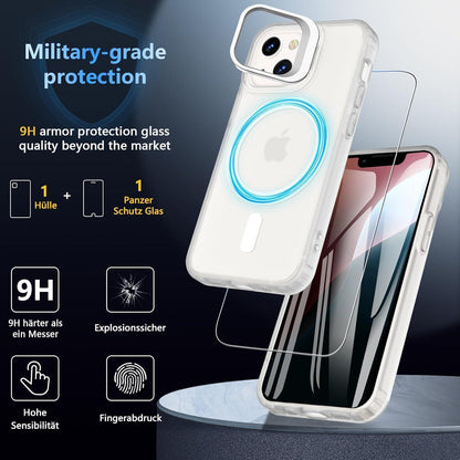 iPhone 13/12 Mini Hülle mit Ständer, MagSafe, Panzerglas, matt durchscheinend