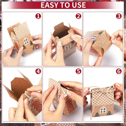 24er Pack Geschenkbox Weihnachten Adventskalender Häuschen Kraftpapier Hanfseil