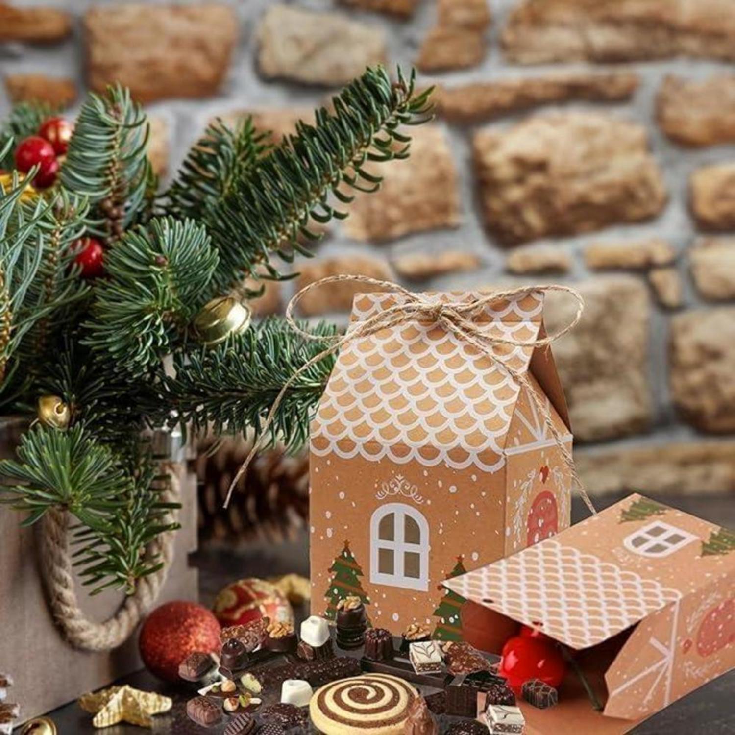 24er Pack Geschenkbox Weihnachten Adventskalender Häuschen Kraftpapier Hanfseil