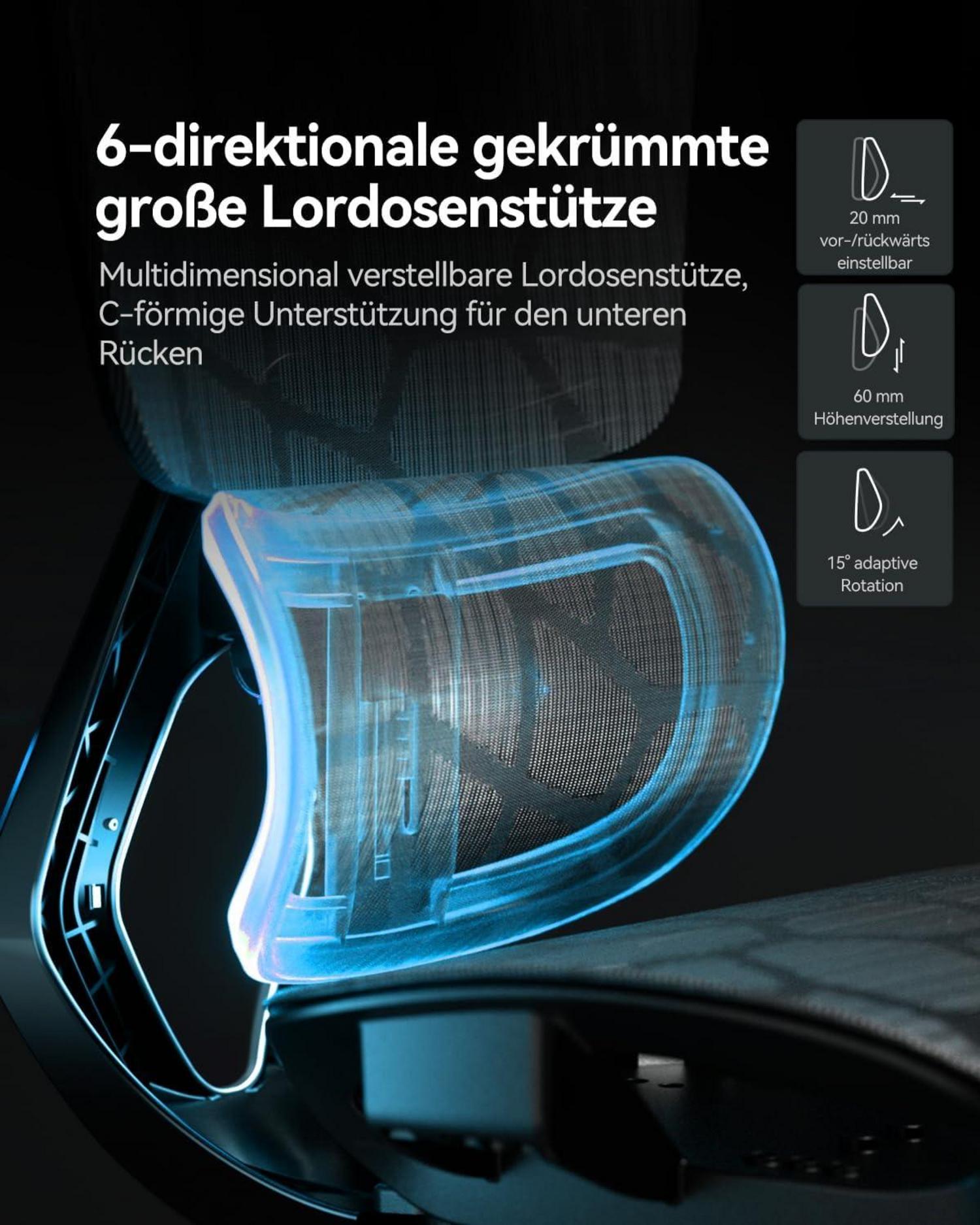 Ergonomischer Bürostuhl mit 6D-Lendenstütze, Netzrücken & Fußstütze