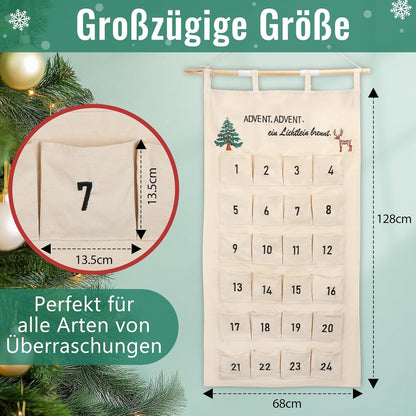 Stoff Adventskalender zum Befüllen mit 24 Taschen, bestickt