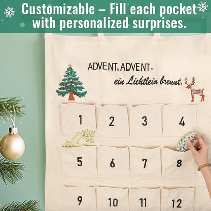 Stoff Adventskalender zum Befüllen mit 24 Taschen, bestickt