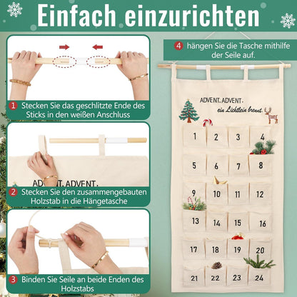 Stoff Adventskalender zum Befüllen mit 24 Taschen, bestickt