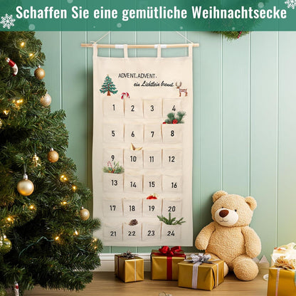 Stoff Adventskalender zum Befüllen mit 24 Taschen, bestickt