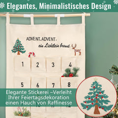 Stoff-Adventskalender mit gesticktem Adventsreim und 24 großen Taschen