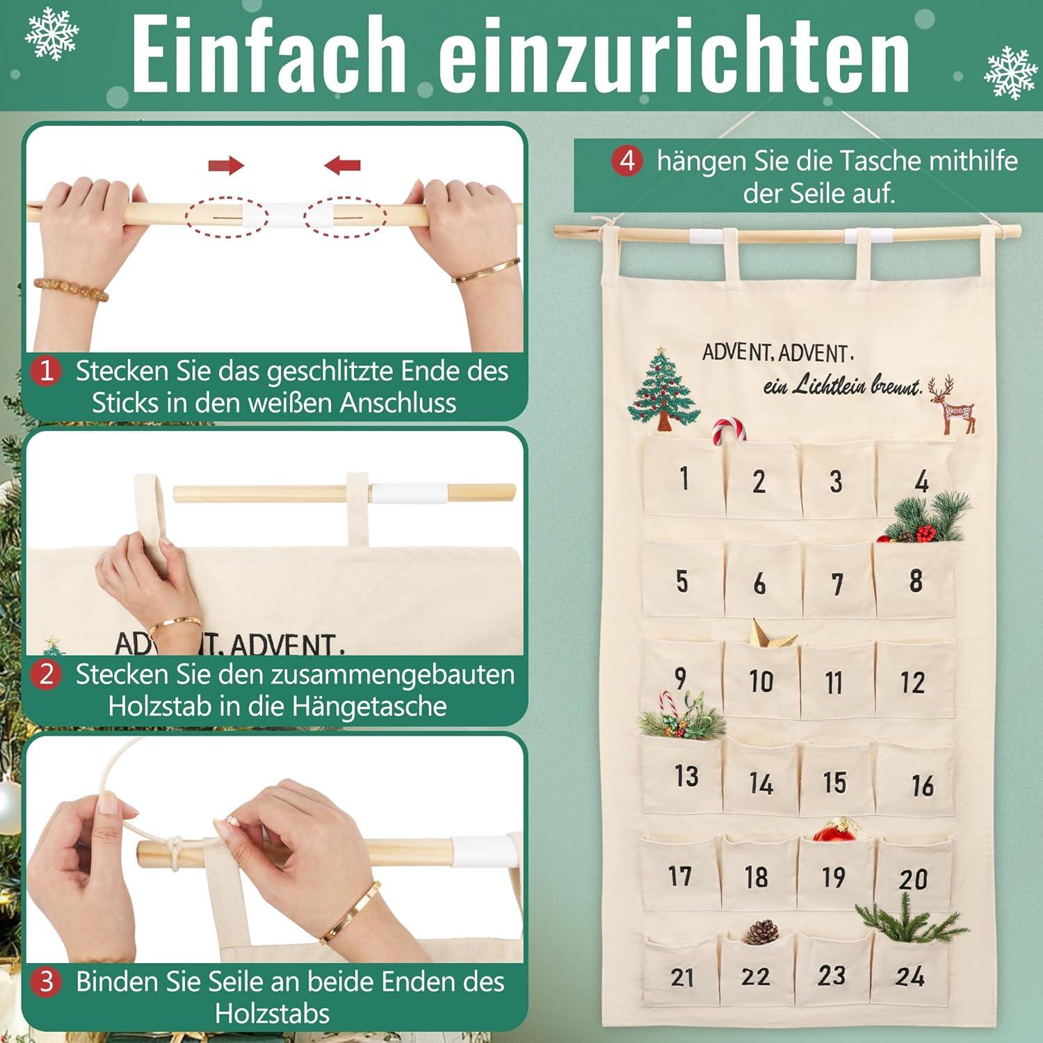 Stoff Adventskalender mit besticktem Adventsreim - Familien Weihnachtsdeko
