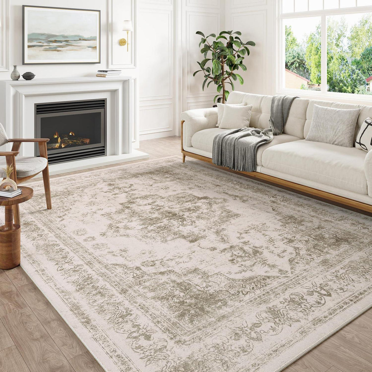 Vintage Teppich Beige 240x300cm Waschbar – Wohnzimmerteppich