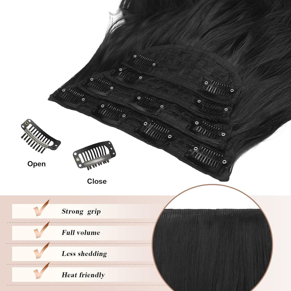 Schwarz gewellte Haarverlängerung mit Clips – 50cm Synthetik