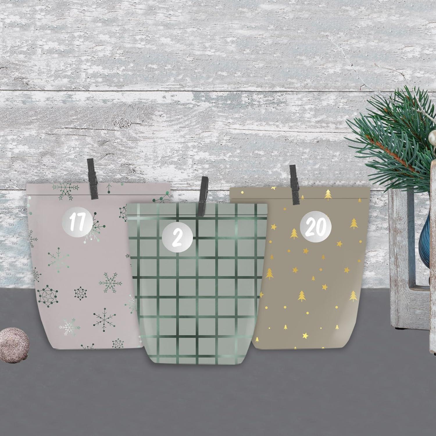 Adventskalender zum Befüllen mit 24 Papiertüten Grün Golden