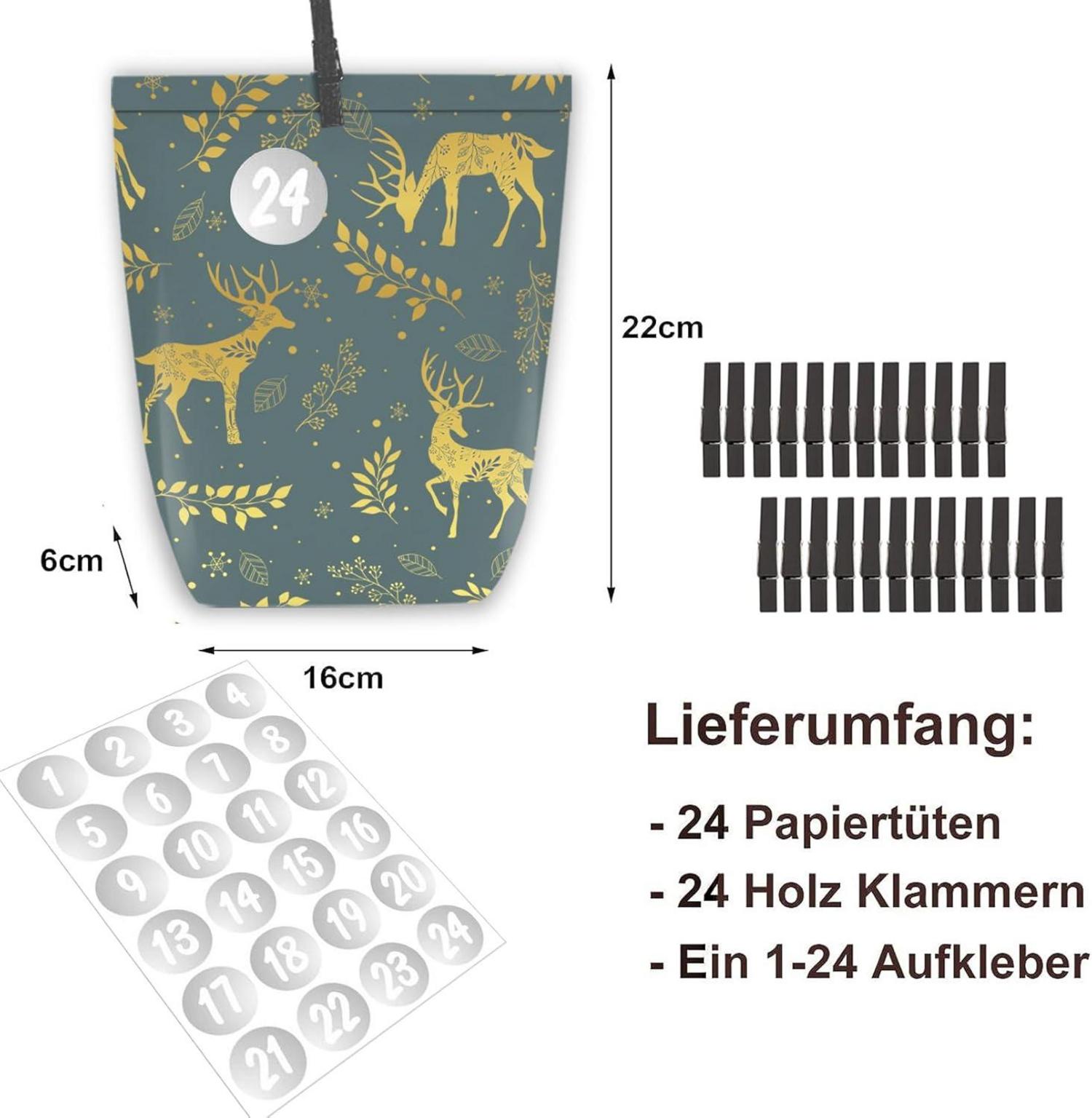 Adventskalender Weihnachtstüten Befüllen 24 DIY Grün Gold Füllen