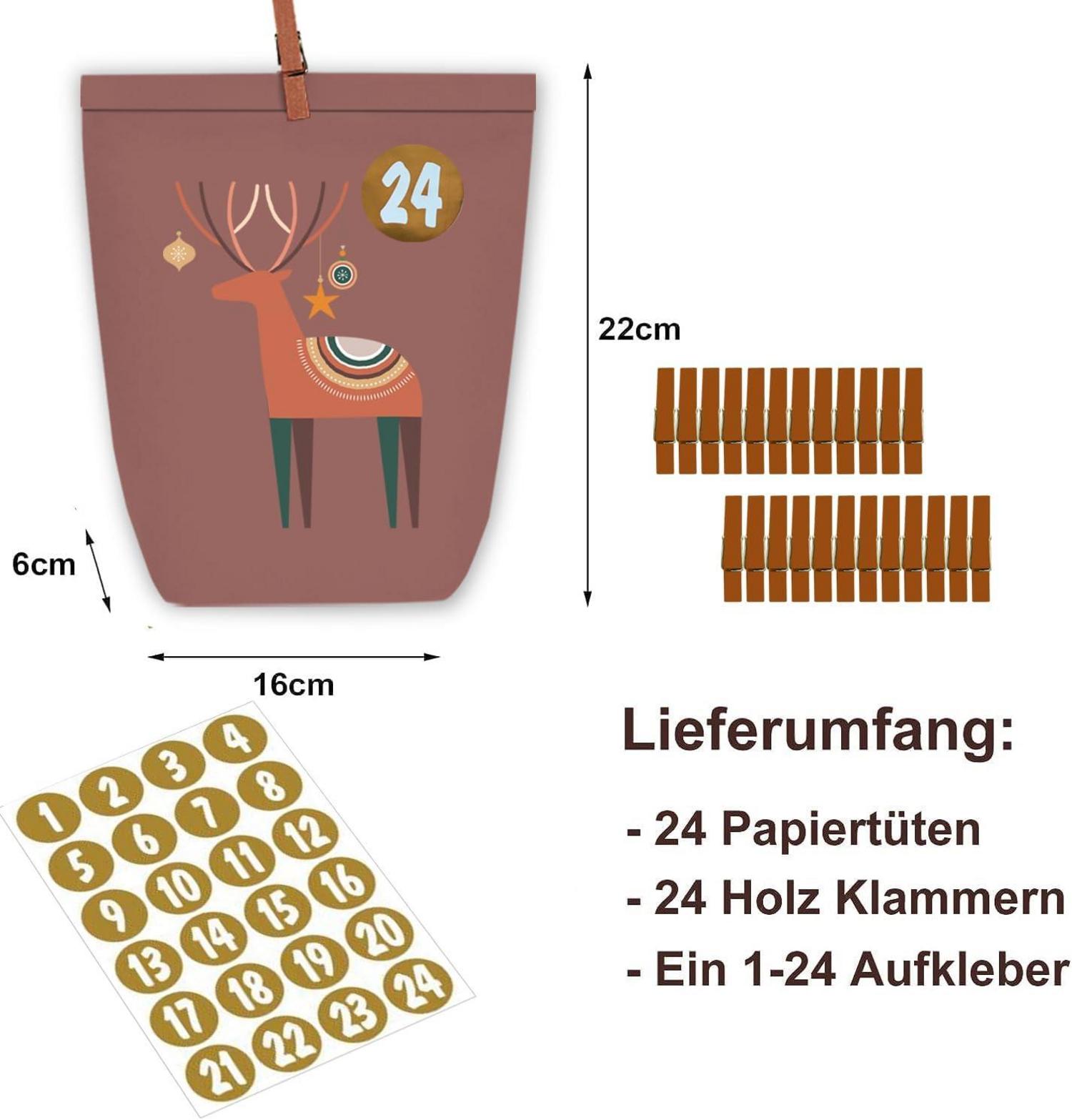 DIY Adventskalender Set 24 Kraftpapiertüten Holzklammern Aufkleber