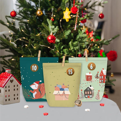 Adventskalender zum Befüllen 24 bunte grün rosa Papiertüten inkl. Aufkleber & Holzklammern