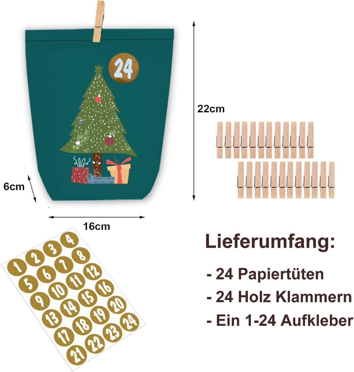 Adventskalender Bastelset Papiertüten Aufkleber 24 Sticker 1-24 DIY