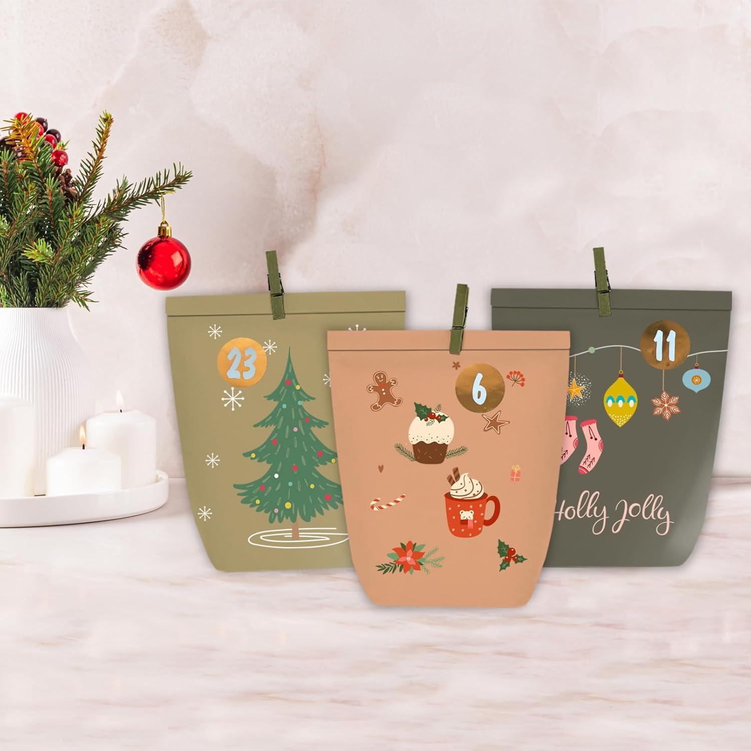 DIY Adventskalender Tüten Set, 24 Kraftpapiertüten mit Aufkleberzahlen