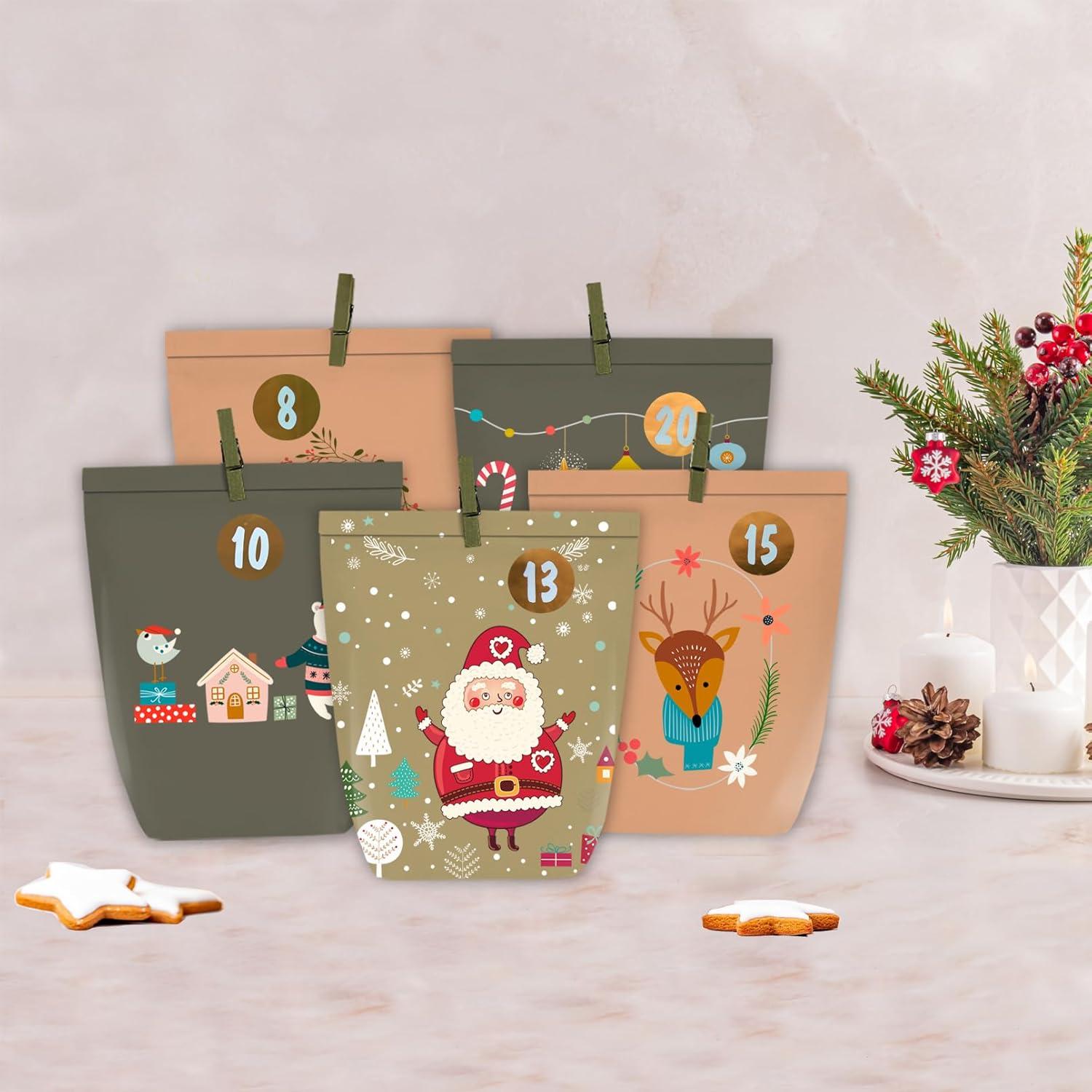 DIY Adventskalender Bastelset Weihnachtstüten zum Selbstbefüllen 1-24 Aufkleber