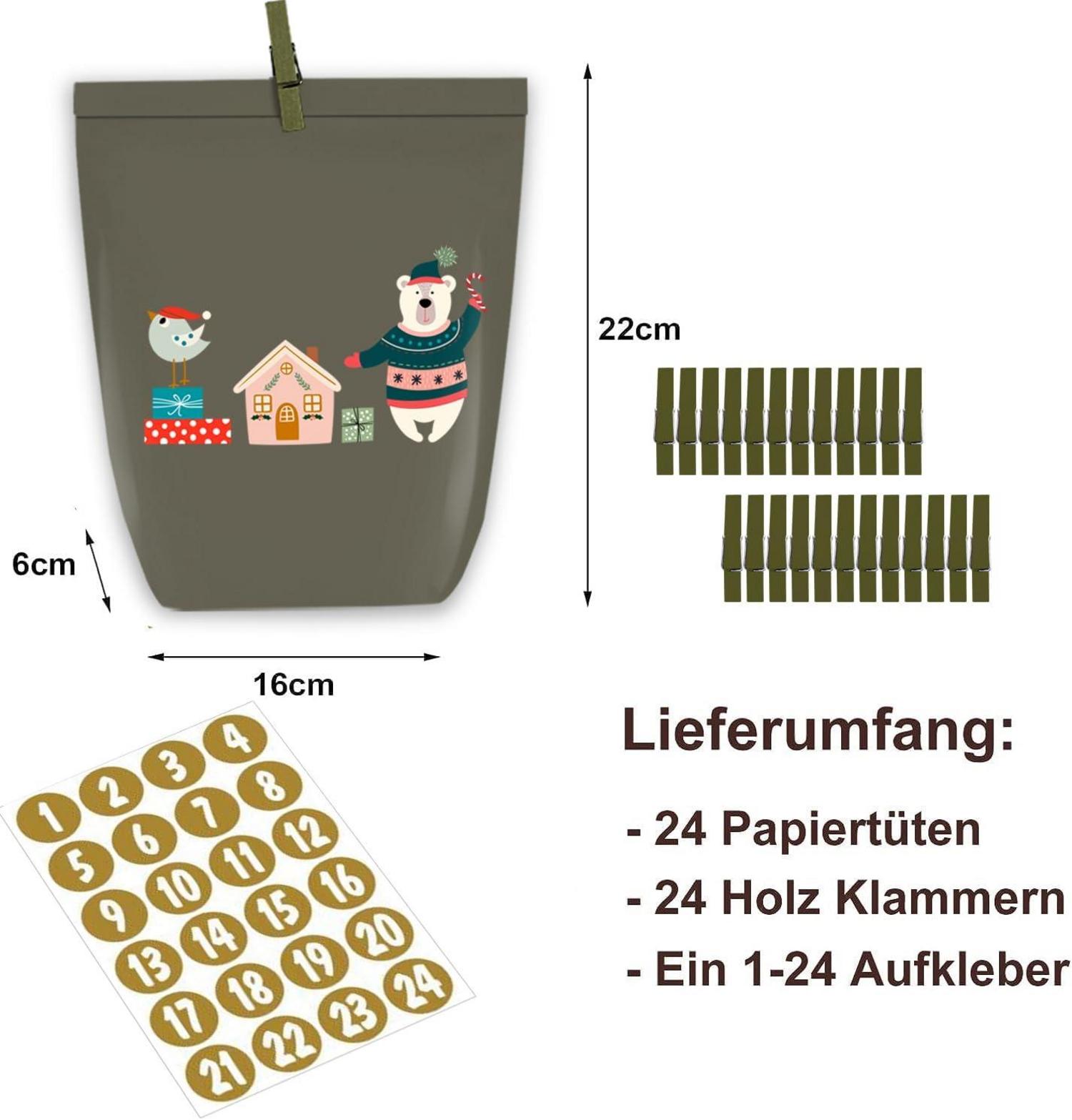 DIY Adventskalender Bastelset Weihnachtstüten zum Selbstbefüllen 1-24 Aufkleber