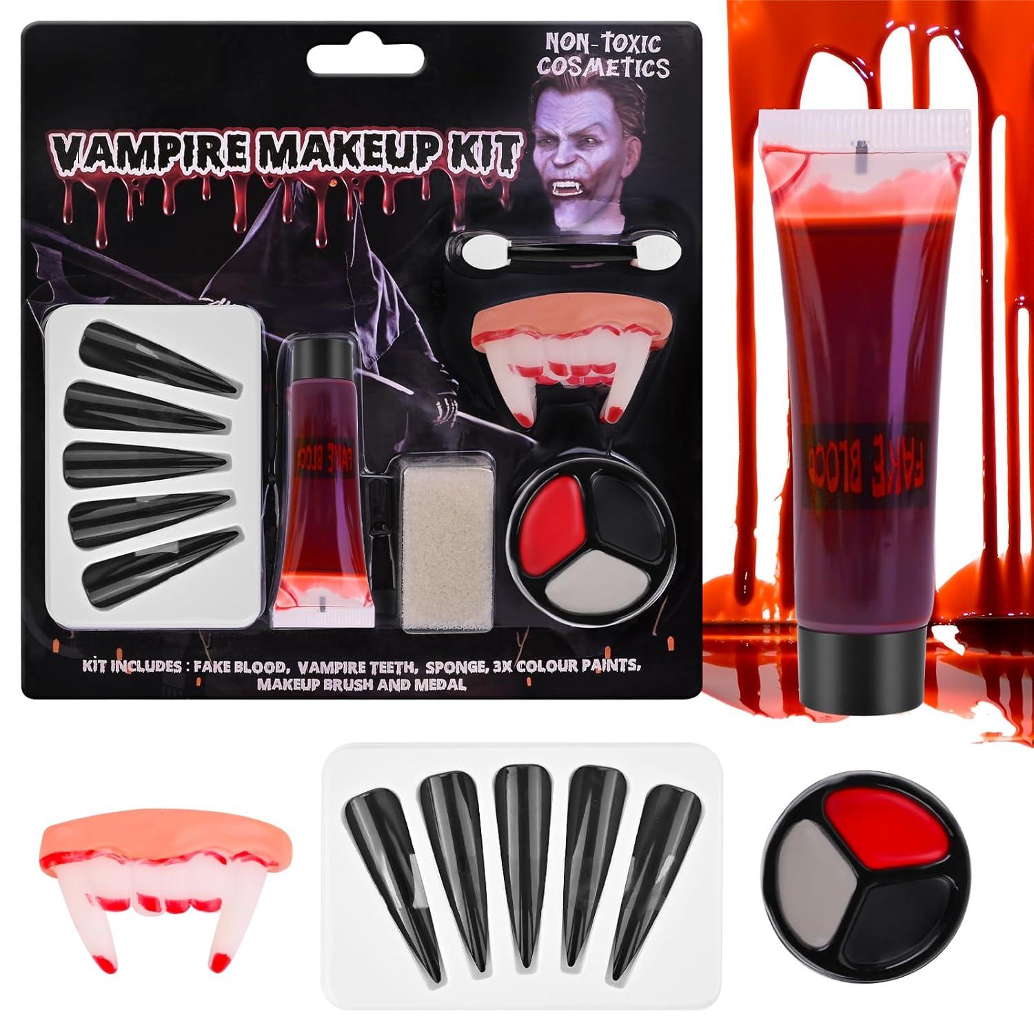 Halloween Makeup Set Schwarz Grau Rot Kunstblut Vampirgebiss